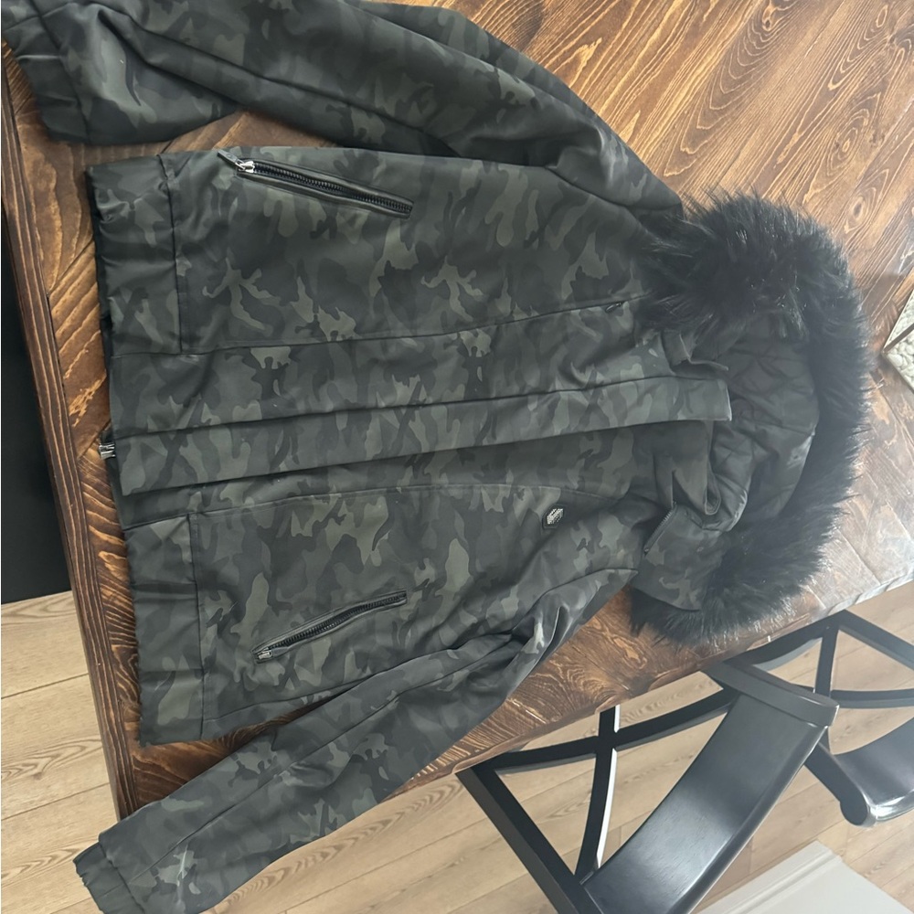 Camouflage Hooded Jacket with Faux Fur Trim